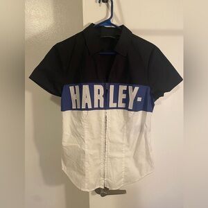 Harley Davidson navy and White Shirt zip up blouse